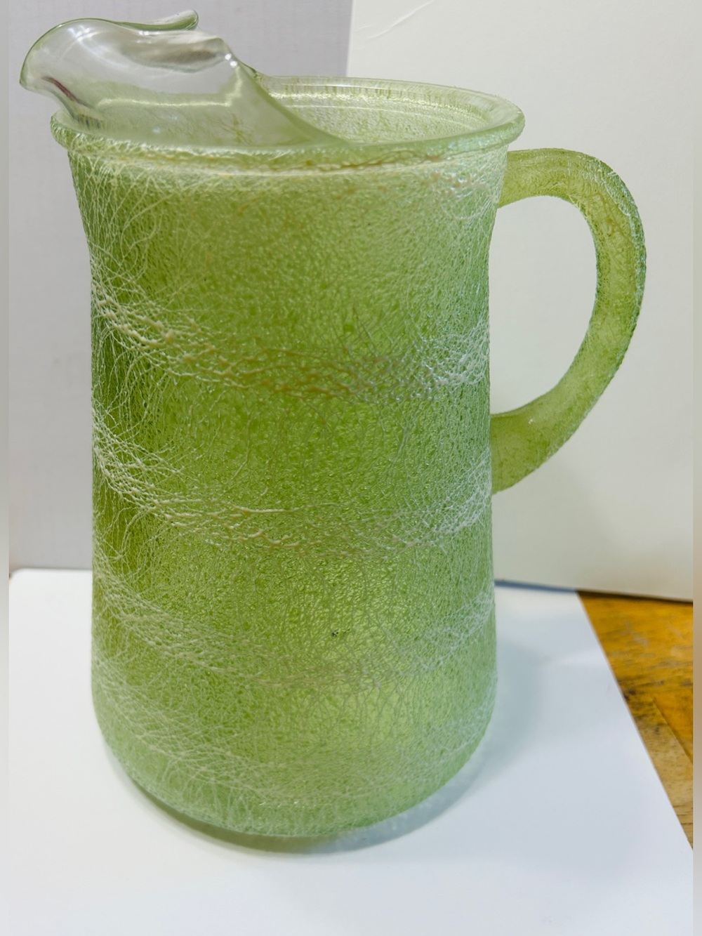 Pitcher, vintage MCM Color Craft spaghetti string string in pale green color.